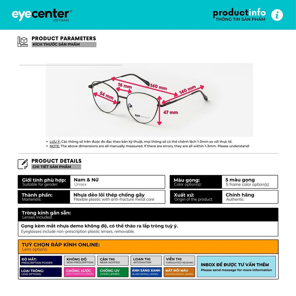 [C39] Gọng kính cận nữ chính hãng EYECENTER nhiều màu 80003