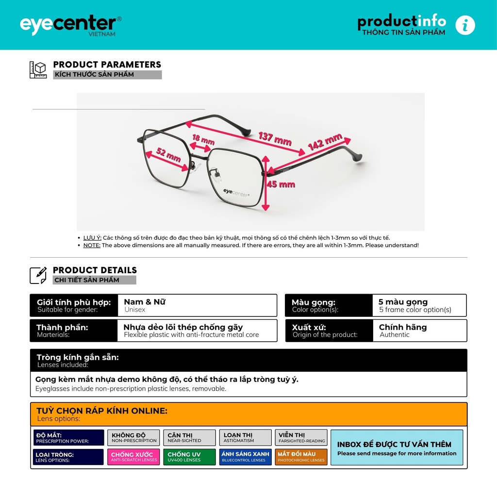 [C11] Gọng kính cận nam nữ chính hãng EYECENTER EC 72567