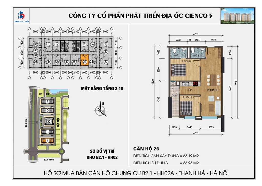  Mặt bằng căn hộ 26 chung cư Thanh Hà HH02A, HH02B, 5 tòa mới, B2.1 KĐT Thanh Hà