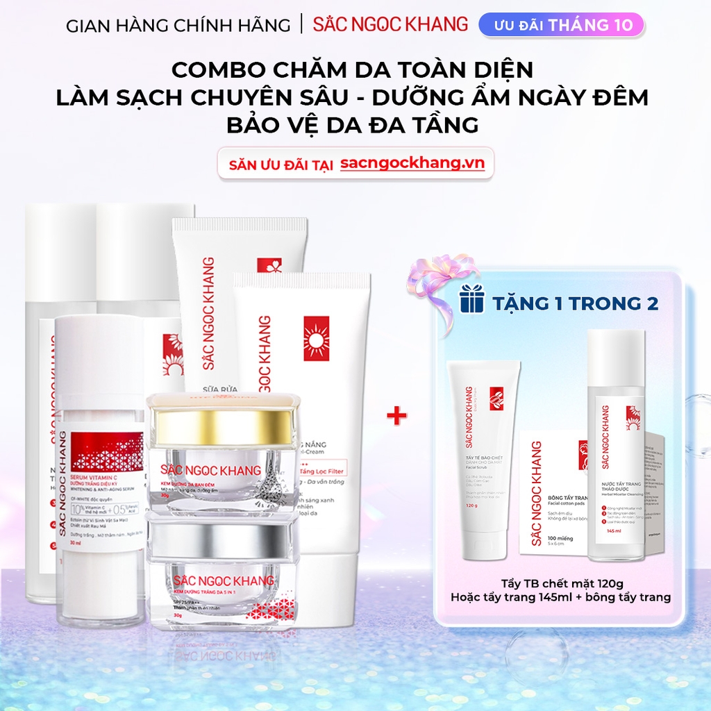 Combo 7 món Sản Phẩm Chăm Sóc Da Toàn Diện Chuyên Sâu Sắc Ngọc Khang (Nước Tẩy Trang Thảo Dược, Sữa Rửa Mặt Thảo Dược, Nước Hoa Hồng Thảo Dược, Serum Siêu Dưỡng Trắng Vitamin C, Kem Dưỡng Da 5 In 1, Kem Dưỡng Ban Đêm, Kem Chống Nắng)