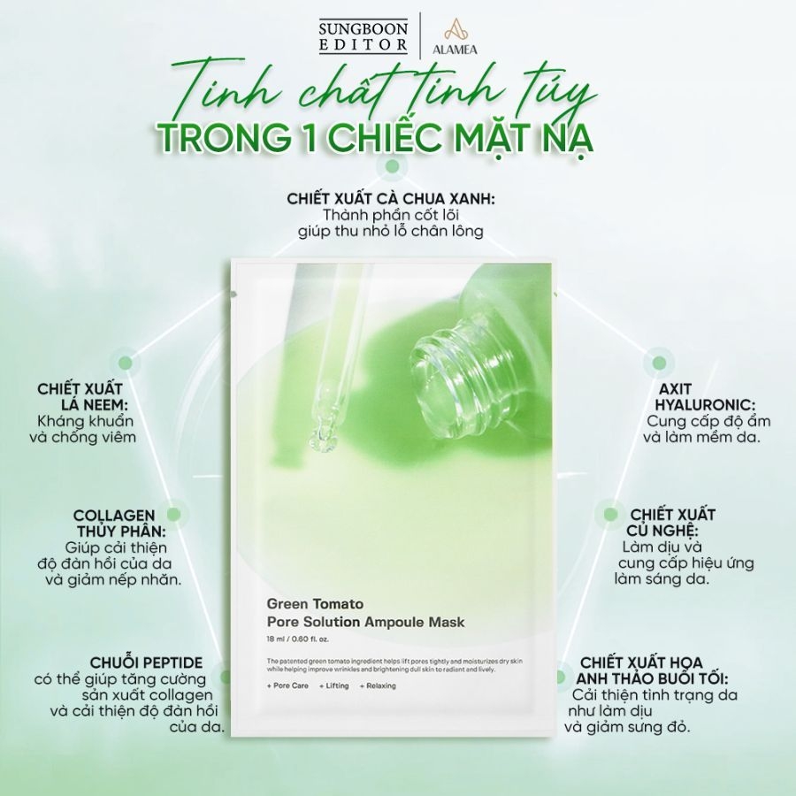 Mặt nạ kiềm dầu , cấp ẩm Sungboon Editor Green Tomato Pore Solution Ampoule Mask cà chua xanh 18ml