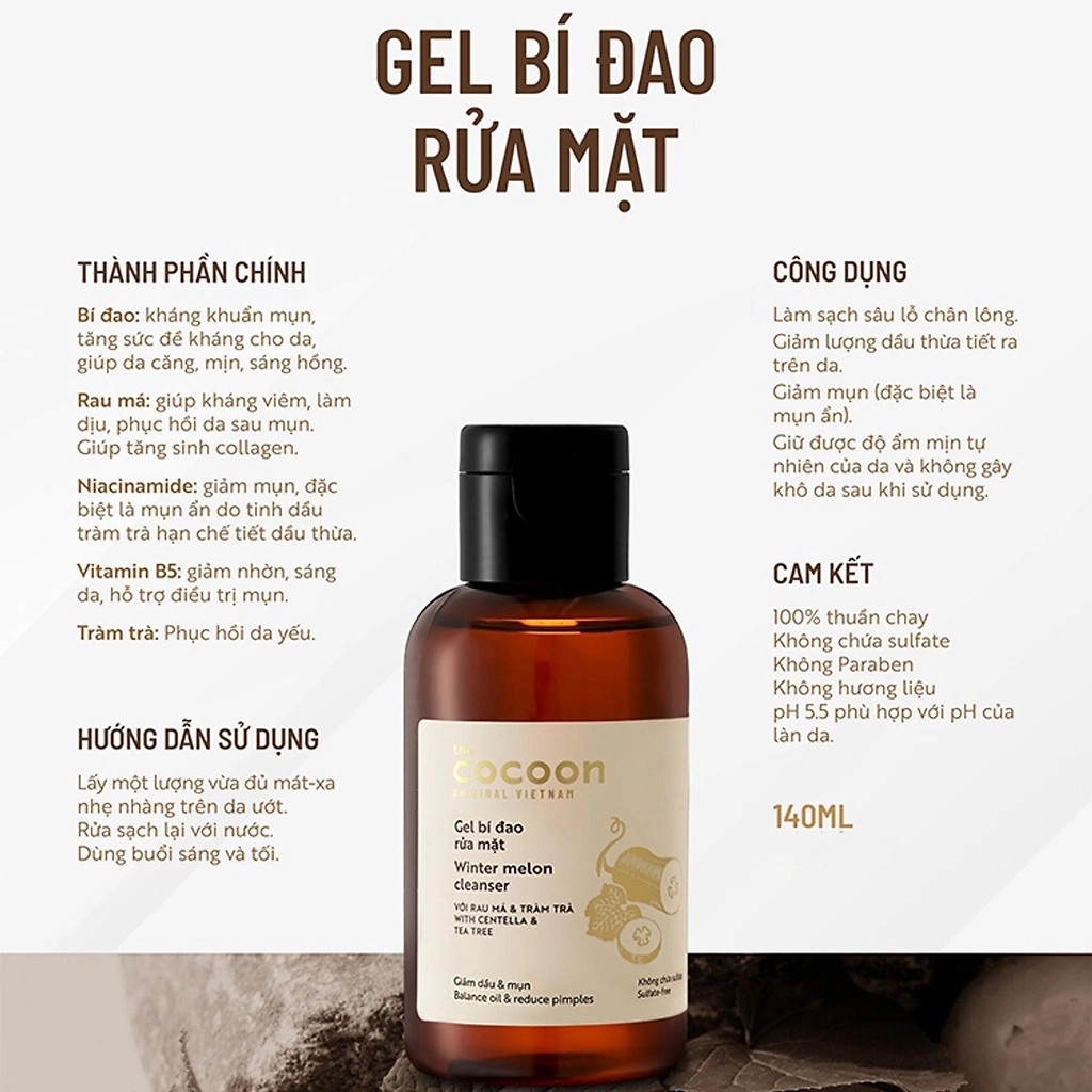 Sữa rửa mặt Gel bí đao Cocoon giúp da giảm dầu mụn Winter Melon Cleanser 140ml - 310ml mua 1 tặng 1