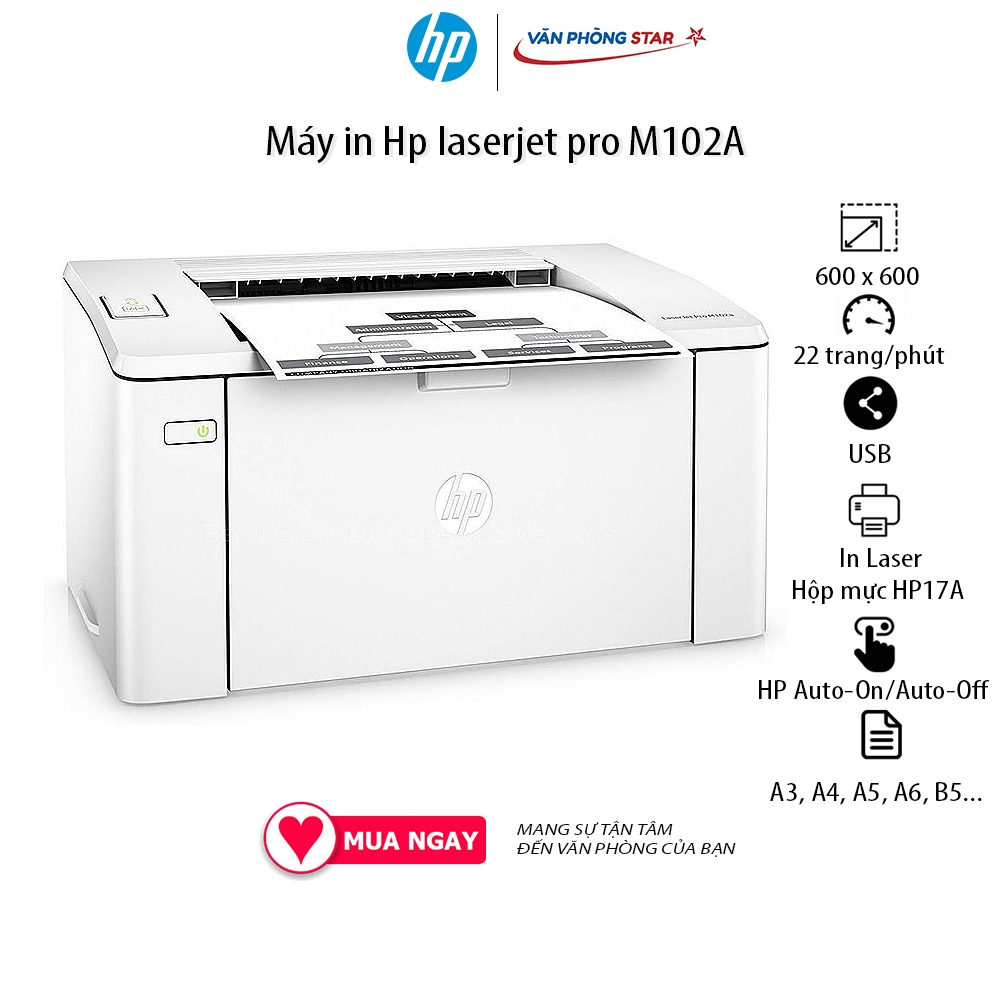 Máy in Hp laserjet pro M102A Tốc độ 22 trang / phút khổ A4, 600 x 600 dpi dùng mực 17A tại vanphongstar chính hãng