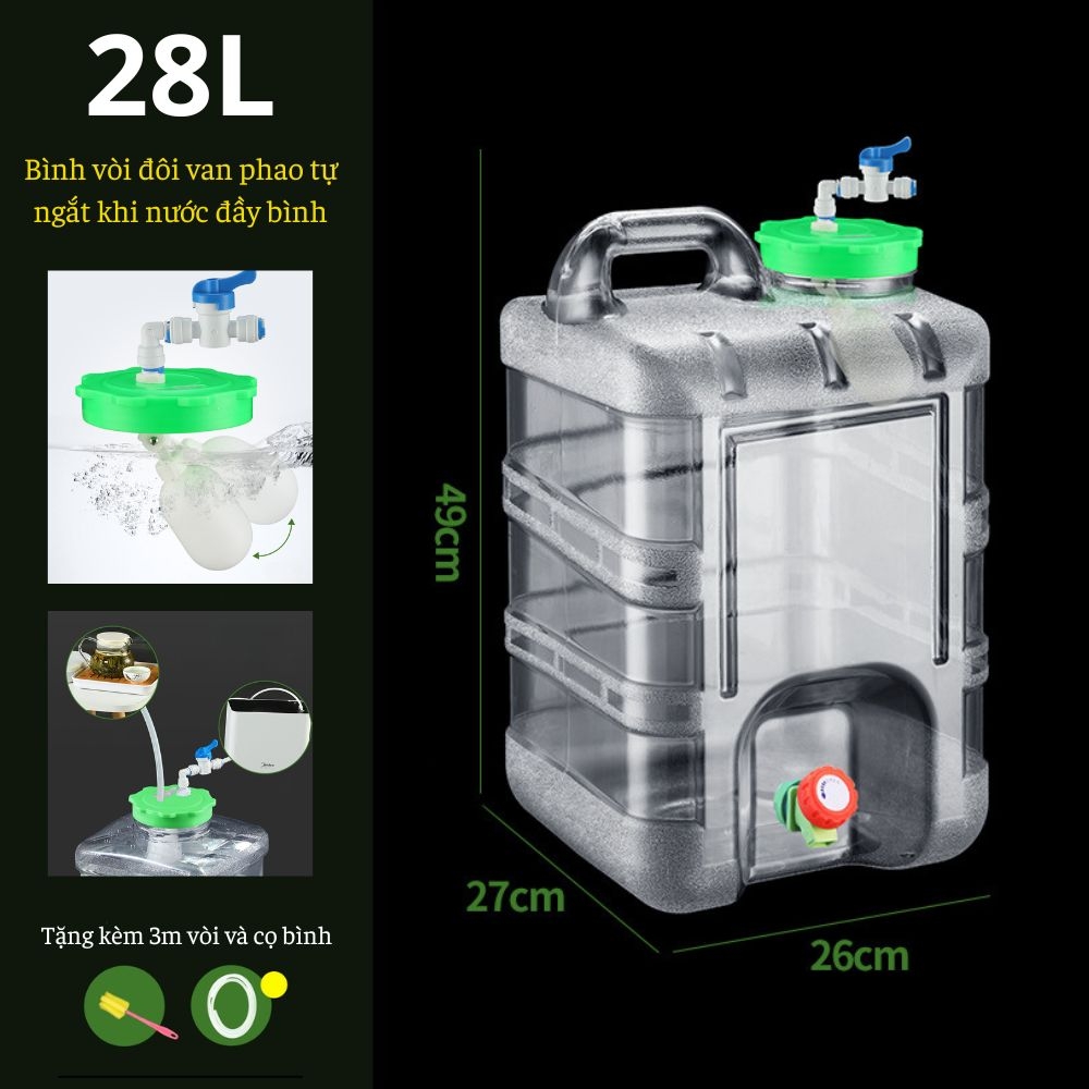Bình Nước Trong Suốt 5L/7L/10L/15L/20L/24L Can Đựng Nước Cắm Trại Dã Ngoại Kèm Vòi Dự Phòng + Nắp Đậy + Ống Nối Dài + Cọ Bình