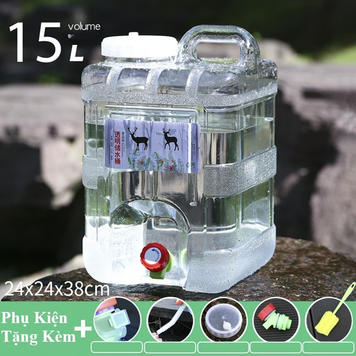 Bình Nước Trong Suốt 5L/7L/10L/15L/20L/24L Can Đựng Nước Cắm Trại Dã Ngoại Kèm Vòi Dự Phòng + Nắp Đậy + Ống Nối Dài + Cọ Bình