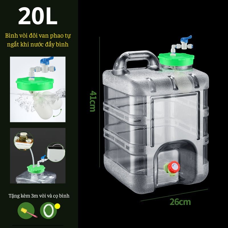 Bình Nước Trong Suốt 5L/7L/10L/15L/20L/24L Can Đựng Nước Cắm Trại Dã Ngoại Kèm Vòi Dự Phòng + Nắp Đậy + Ống Nối Dài + Cọ Bình