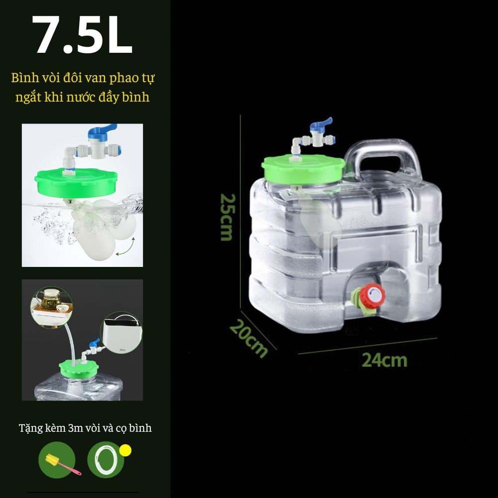 Bình Nước Trong Suốt 5L/7L/10L/15L/20L/24L Can Đựng Nước Cắm Trại Dã Ngoại Kèm Vòi Dự Phòng + Nắp Đậy + Ống Nối Dài + Cọ Bình