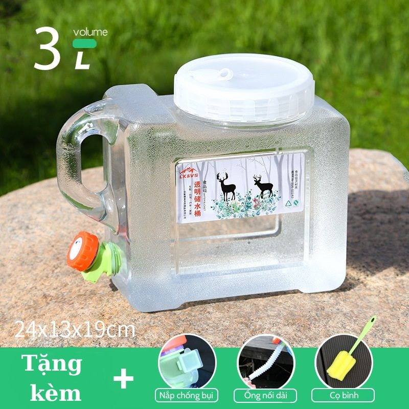 Bình Nước Trong Suốt 5L/7L/10L/15L/20L/24L Can Đựng Nước Cắm Trại Dã Ngoại Kèm Vòi Dự Phòng + Nắp Đậy + Ống Nối Dài + Cọ Bình