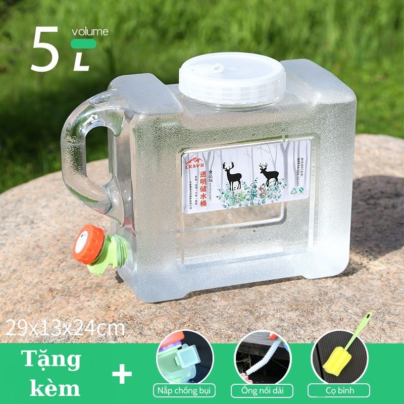 Bình Nước Trong Suốt 5L/7L/10L/15L/20L/24L Can Đựng Nước Cắm Trại Dã Ngoại Kèm Vòi Dự Phòng + Nắp Đậy + Ống Nối Dài + Cọ Bình