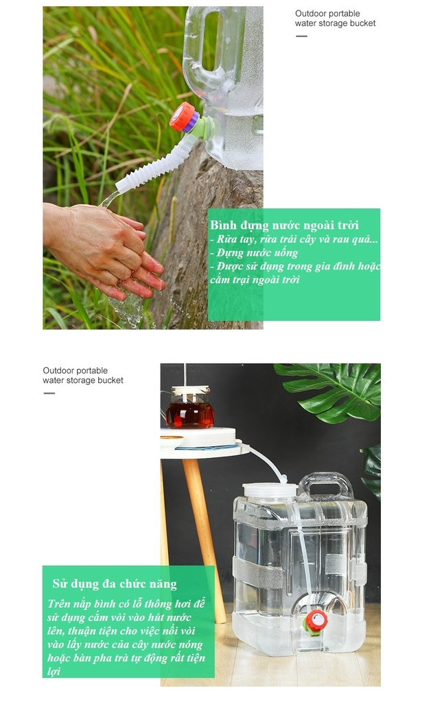 Bình Nước Trong Suốt 5L/7L/10L/15L/20L/24L Can Đựng Nước Cắm Trại Dã Ngoại Kèm Vòi Dự Phòng + Nắp Đậy + Ống Nối Dài + Cọ Bình