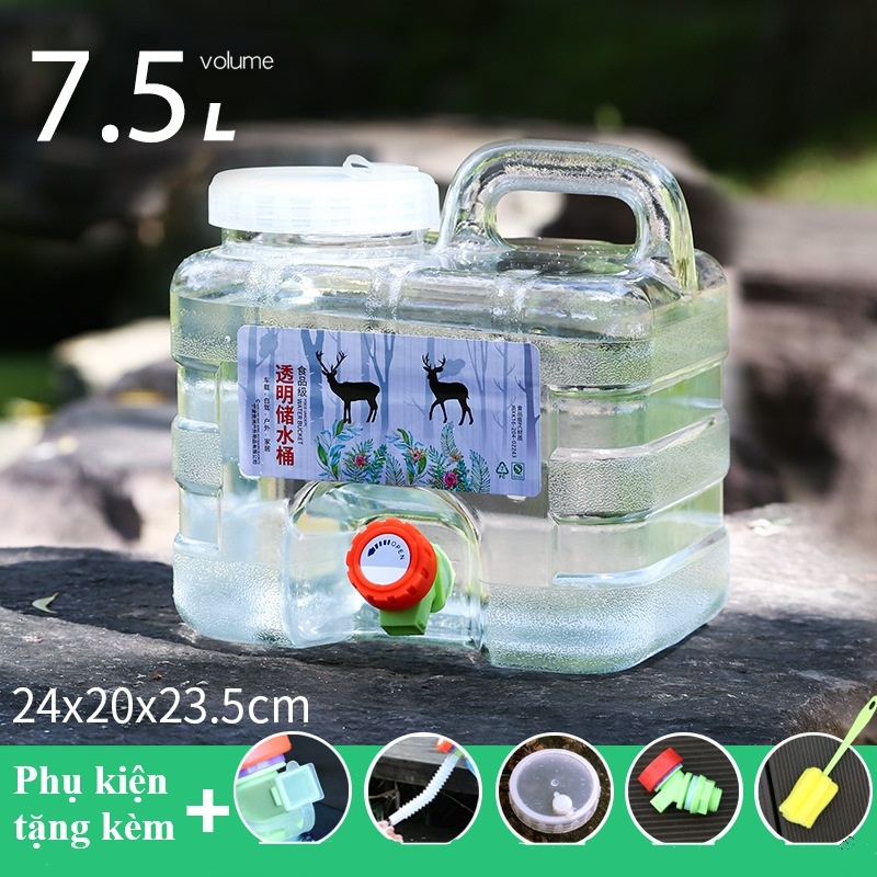 Bình Nước Trong Suốt 5L/7L/10L/15L/20L/24L Can Đựng Nước Cắm Trại Dã Ngoại Kèm Vòi Dự Phòng + Nắp Đậy + Ống Nối Dài + Cọ Bình