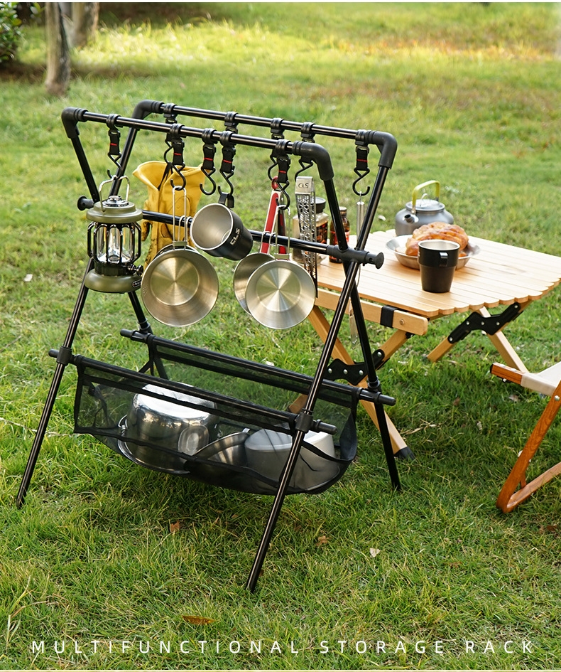 Giá treo đồ cắm trại gấp gọn tiện dụng, Giá móc đồ dã ngoại nhỏ gọn hợp kim nhôm đa năng có túi đựng