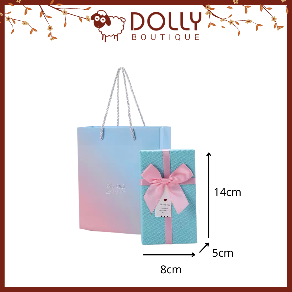 Hộp Quà Nhỏ Xanh Biển Nơ Hồng 14*8*5cm Kèm Túi
