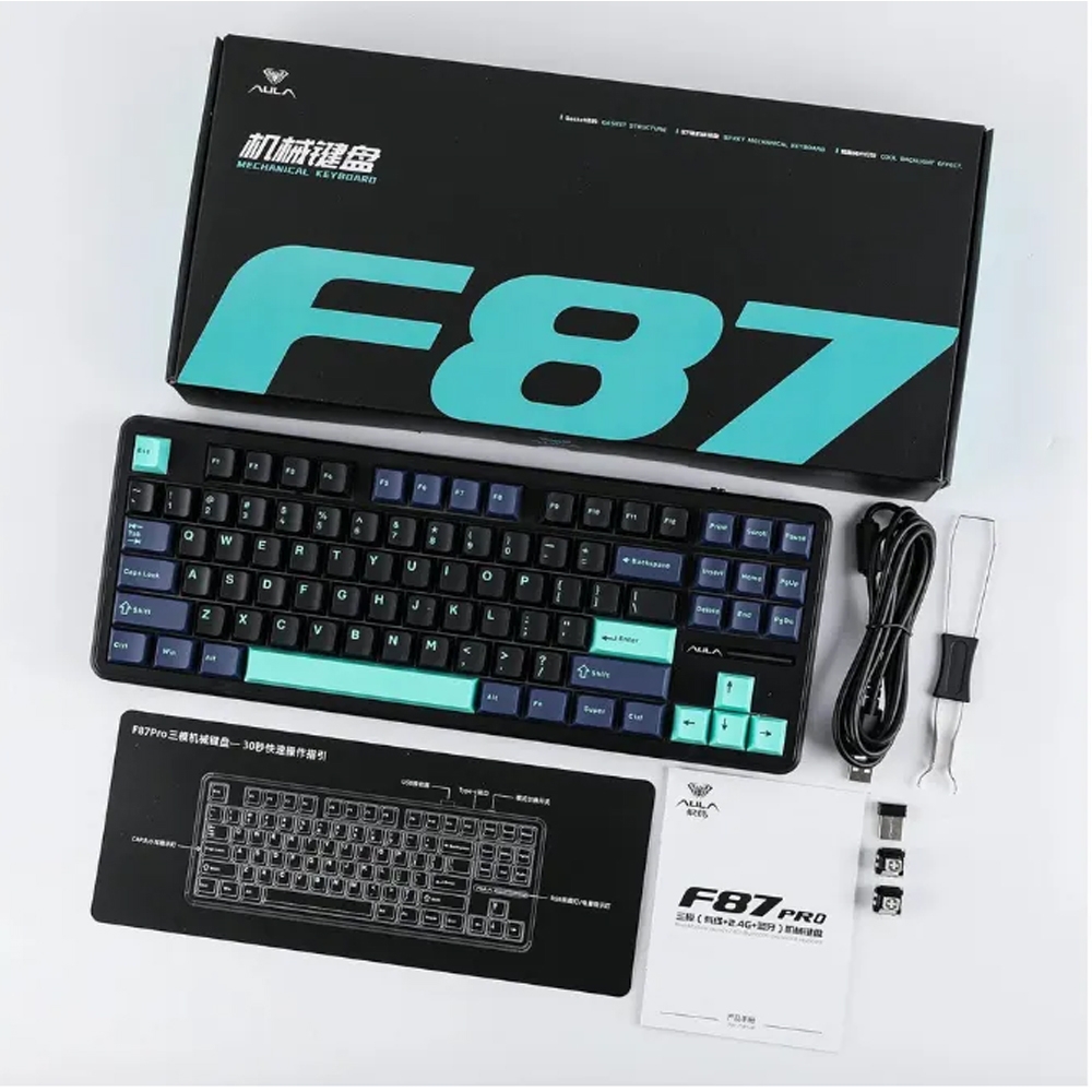 Bàn phím cơ Aula F87/ F87 PRO Xanh đậm+đen+xanh cổ vịt, Greywood V4 switch (Bluetooth/Wireless/ LED RGB)