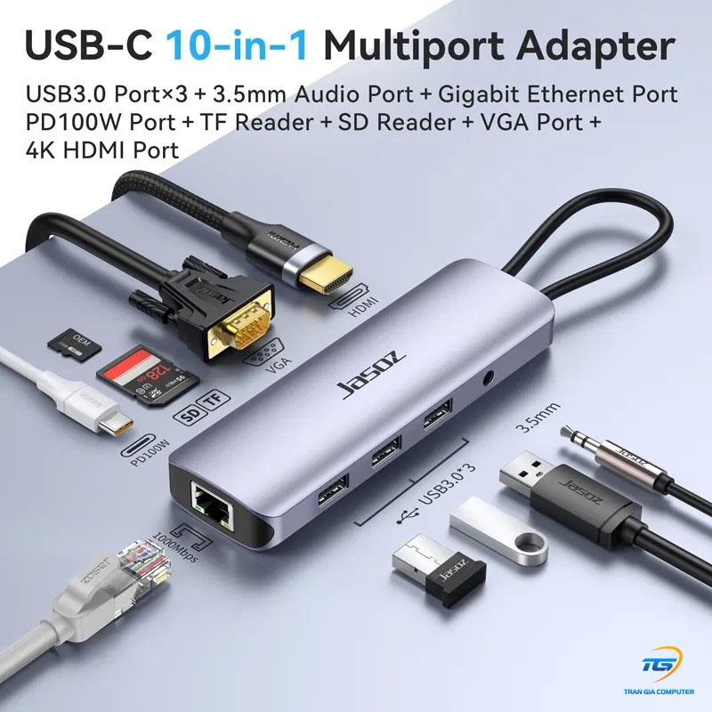 HUB USB-C đa năng 10 in 1 HDMI +VGA + LAN+ USB + SD/TF + Audio 3.5mm + PD100W JASOZ T-H113