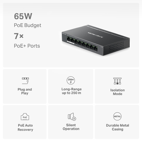 Switch chia mạng Mercusys MS108GP Gigabit 8 Cổng với 7 cổng PoE+