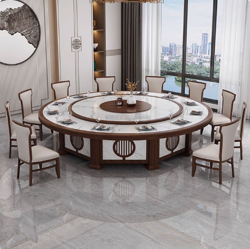 Bộ bàn ăn khách sạn với mâm xoay điện tự động cao cấp mặt đá kết hợp gỗ mẫu BA01