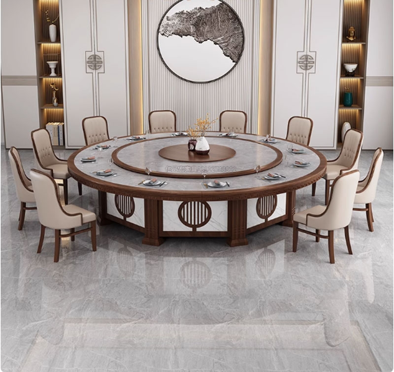 Bộ bàn ăn khách sạn với mâm xoay điện tự động cao cấp mặt đá kết hợp gỗ mẫu BA01