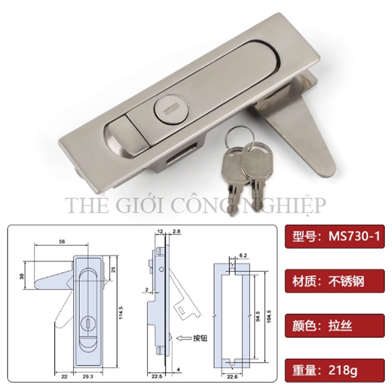 Khóa phẳng MS730-1 – Khóa inox, hợp kim kẽm, dạng nút nhấn bật cho tủ điện, tủ điều khiển
