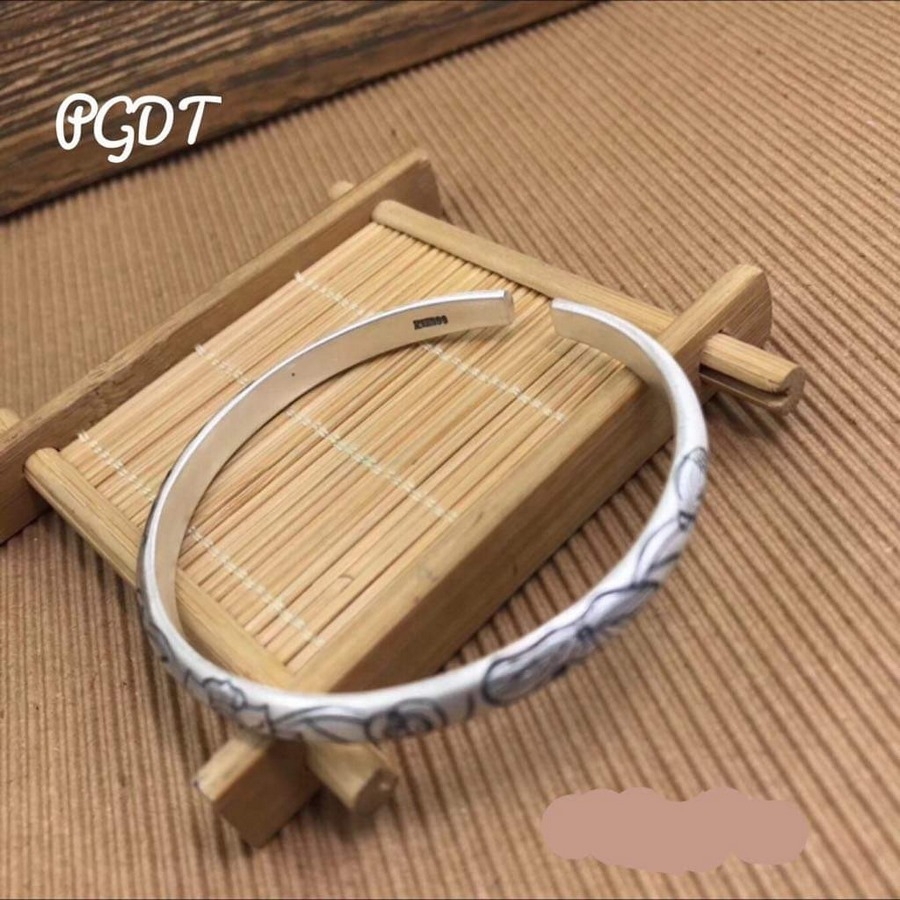 Vòng Tay Bạc Khắc hoa sen