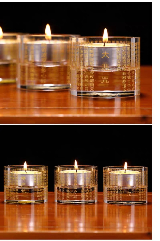 Chân đèn bơ Pha Lê khắc Chú Đại Bi