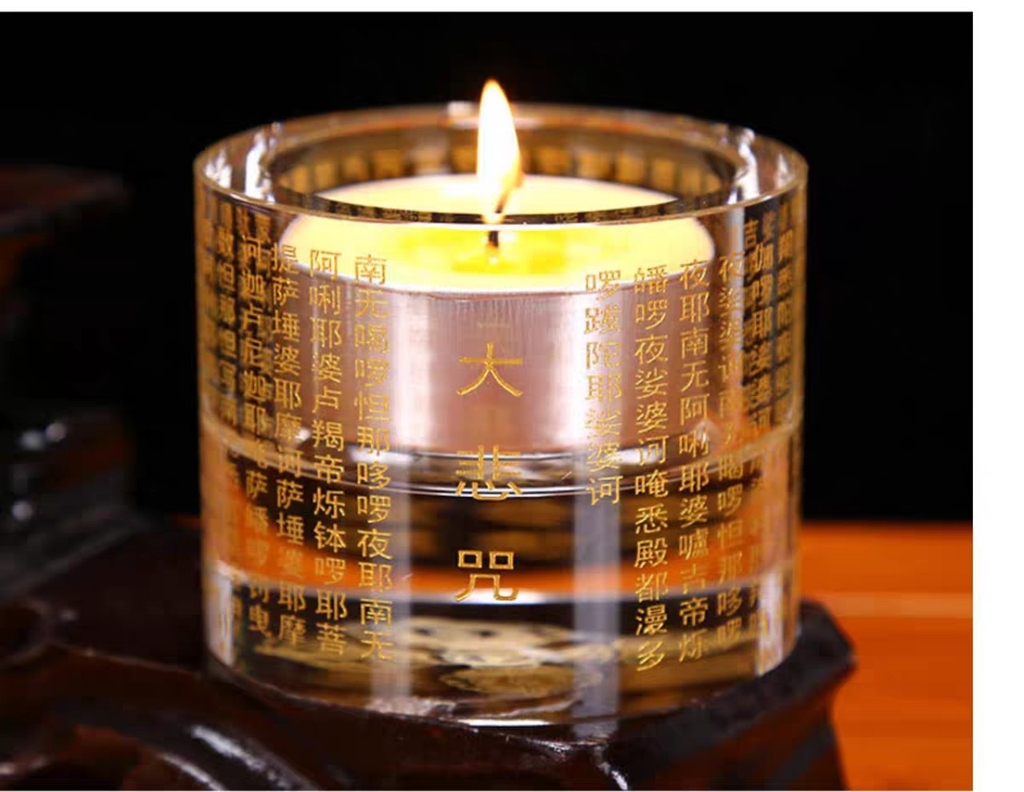 Chân đèn bơ Pha Lê khắc Chú Đại Bi