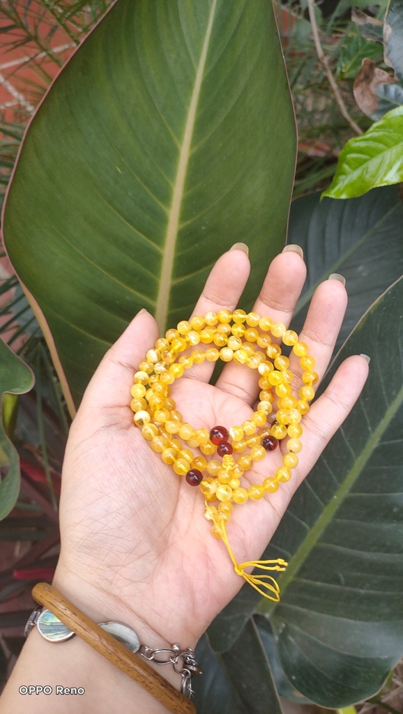 Chuỗi hổ phách mina màu vàng kem