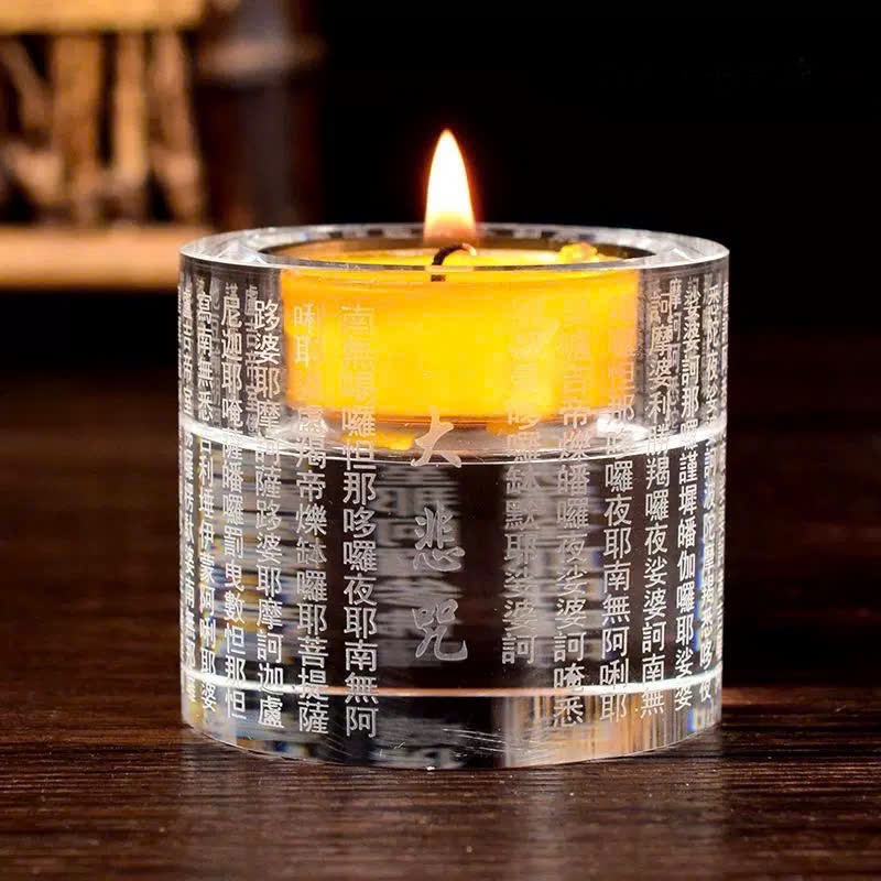 Chân đèn bơ Pha Lê khắc Chú Đại Bi