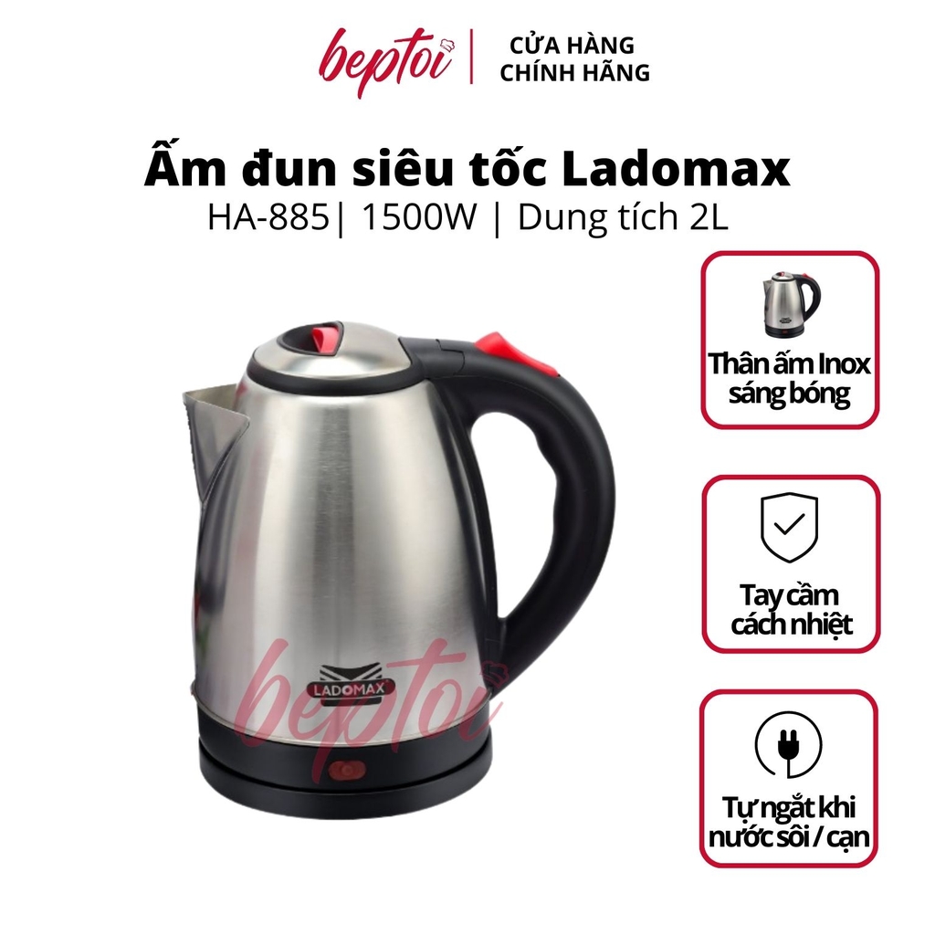 Ấm siêu tốc Ladomax 2L, bình siêu tốc Inox công suất 1500W HA-885