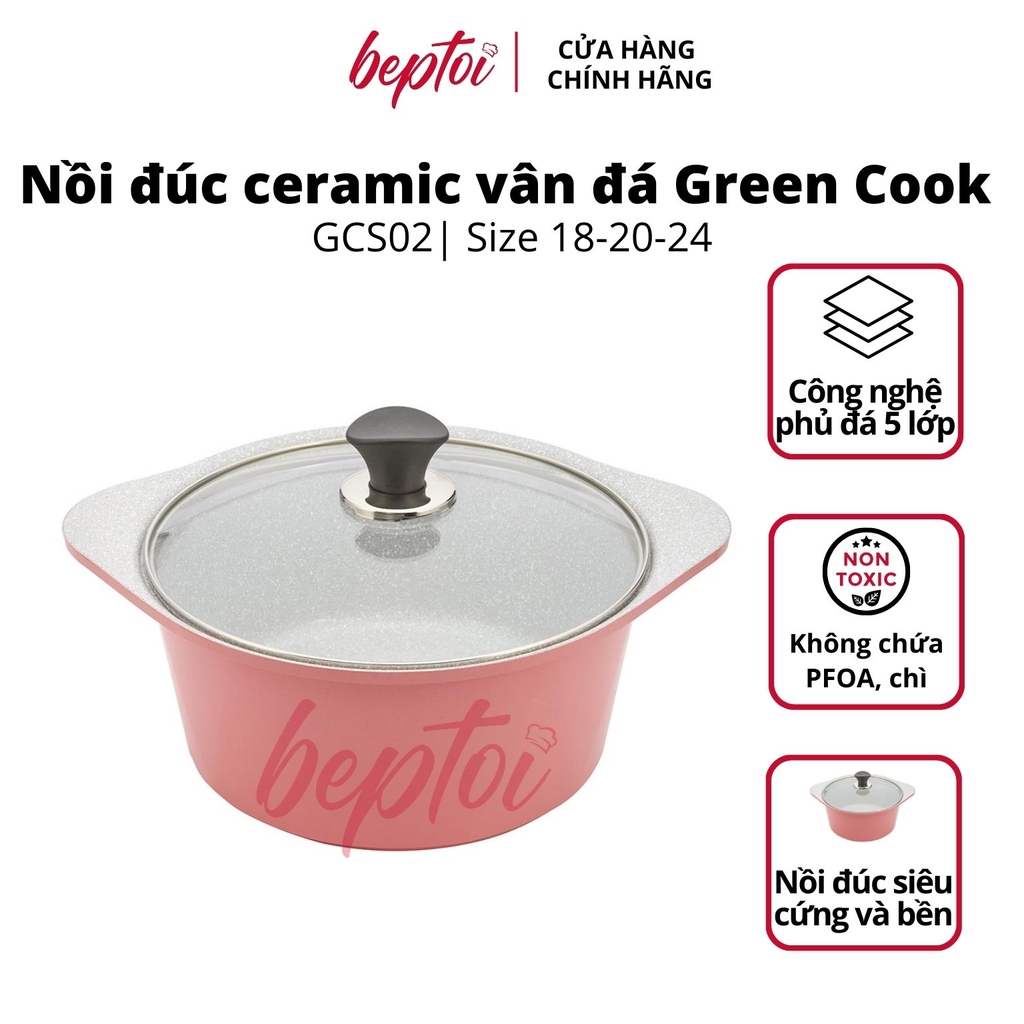 Nồi chống dính dùng cho bếp từ đúc Ceramic chống dính vân đá hồng pastel Green Cook GCS02