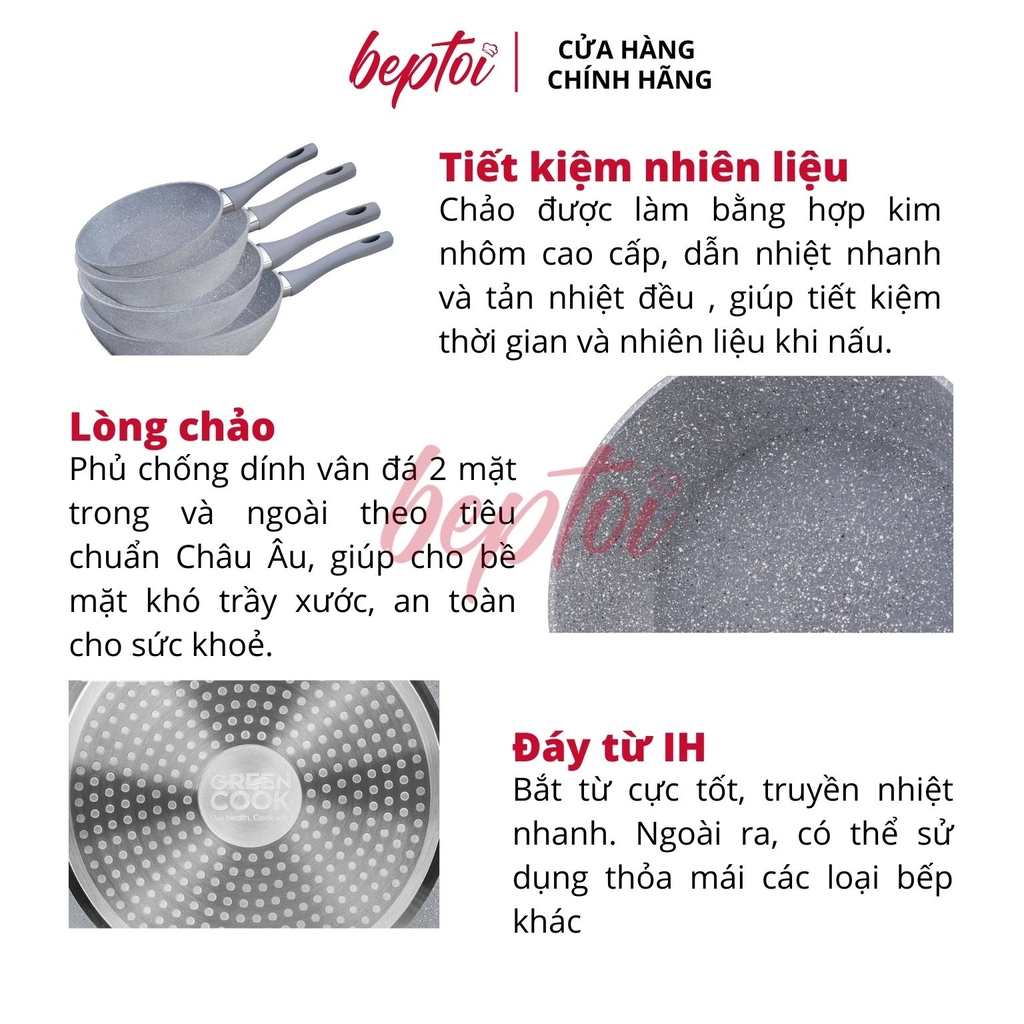 Chảo chống dính đáy từ vân đá Greencook, chảo chống dính bếp từ Green Cook GCP02