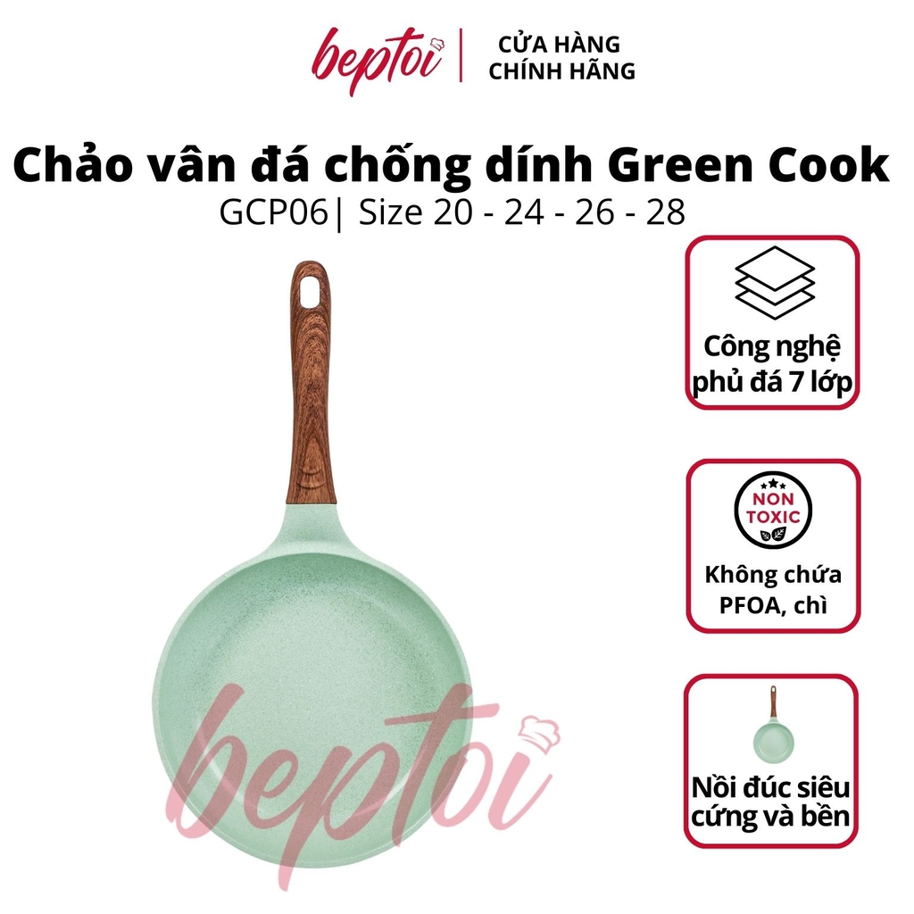 Chảo chống dính  đúc đáy từ men đá ceramic xanh ngọc Green Cook GCP06 size 20-24-26-28 cm công nghệ Hàn Quốc