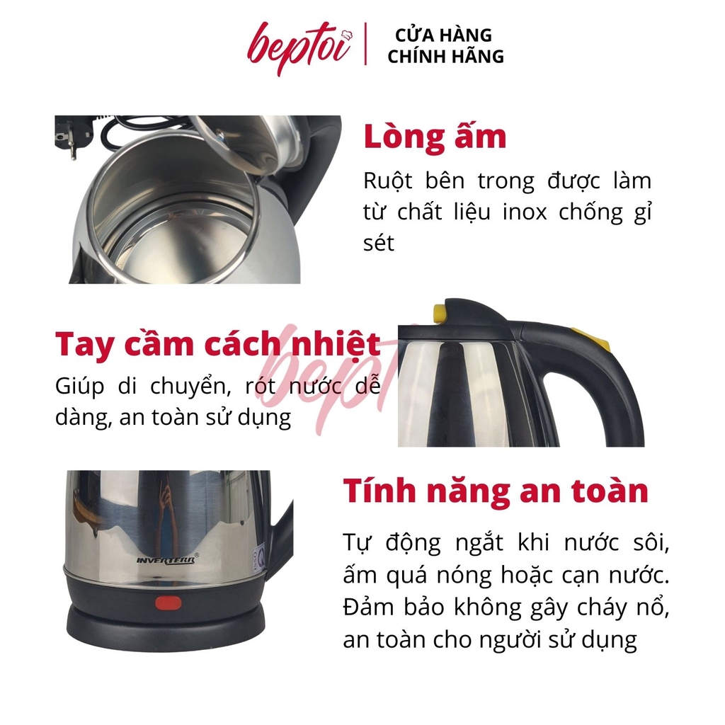 Bình đun siêu tốc, ấm siêu tốc bền đẹp, nấu nước an toàn, thân ấm inox dung tích 2 lít INVERTERR V-200