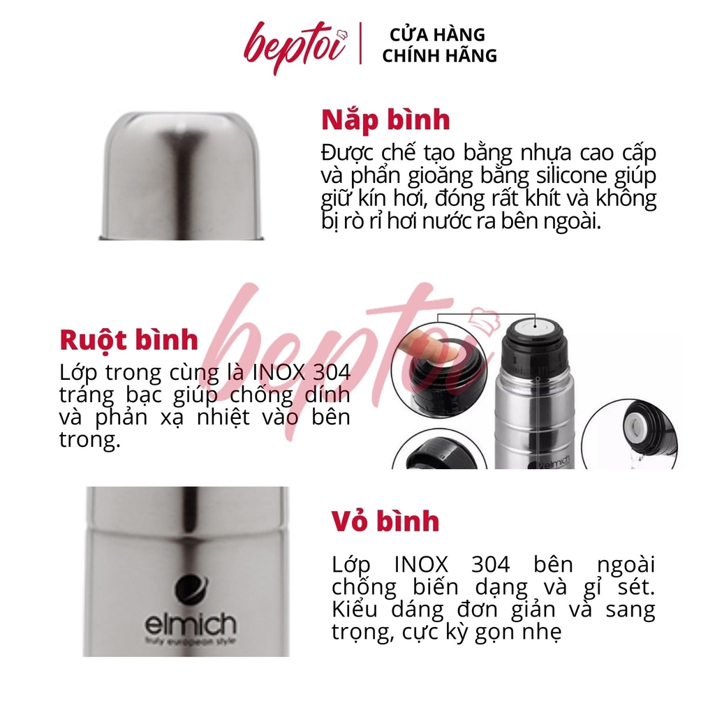 Bình giữ nhiệt nóng lạnh Elmich lõi Inox 304 tráng bạc 500 - 750 - 1000ml - Chất lượng Châu Âu