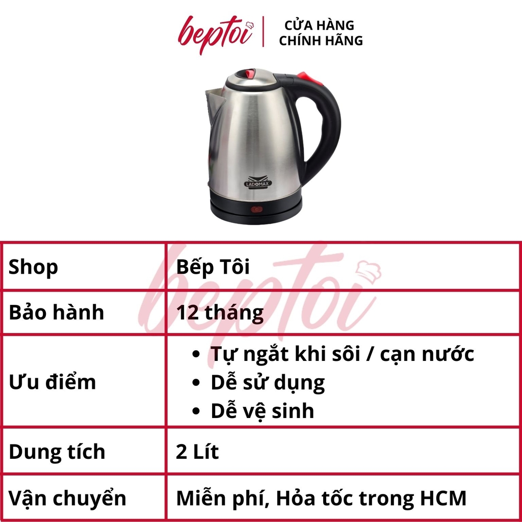 Ấm siêu tốc Ladomax 2L, bình siêu tốc Inox công suất 1500W HA-885