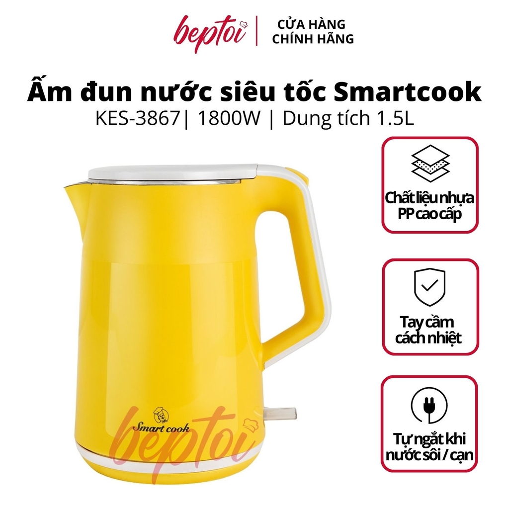 Bình đun siêu tốc, ấm siêu tốc đun nước siêu nhanh Inox 304 2 lớp chống phỏng Smartcook 1,5Lít KES-3867