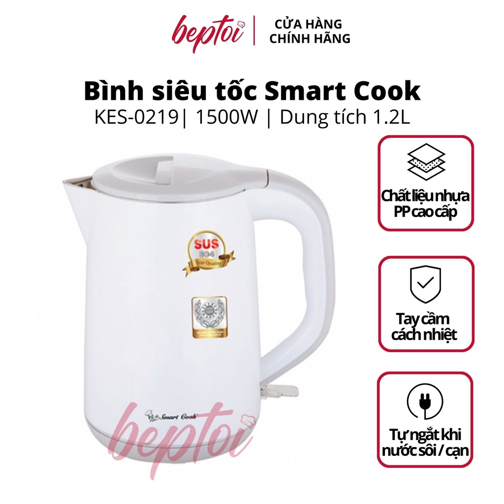 Bình đun siêu tốc, ấm siêu tốc đun nước siêu nhanh Inox 304 2 lớp chống phỏng Smart Cook KES-0219