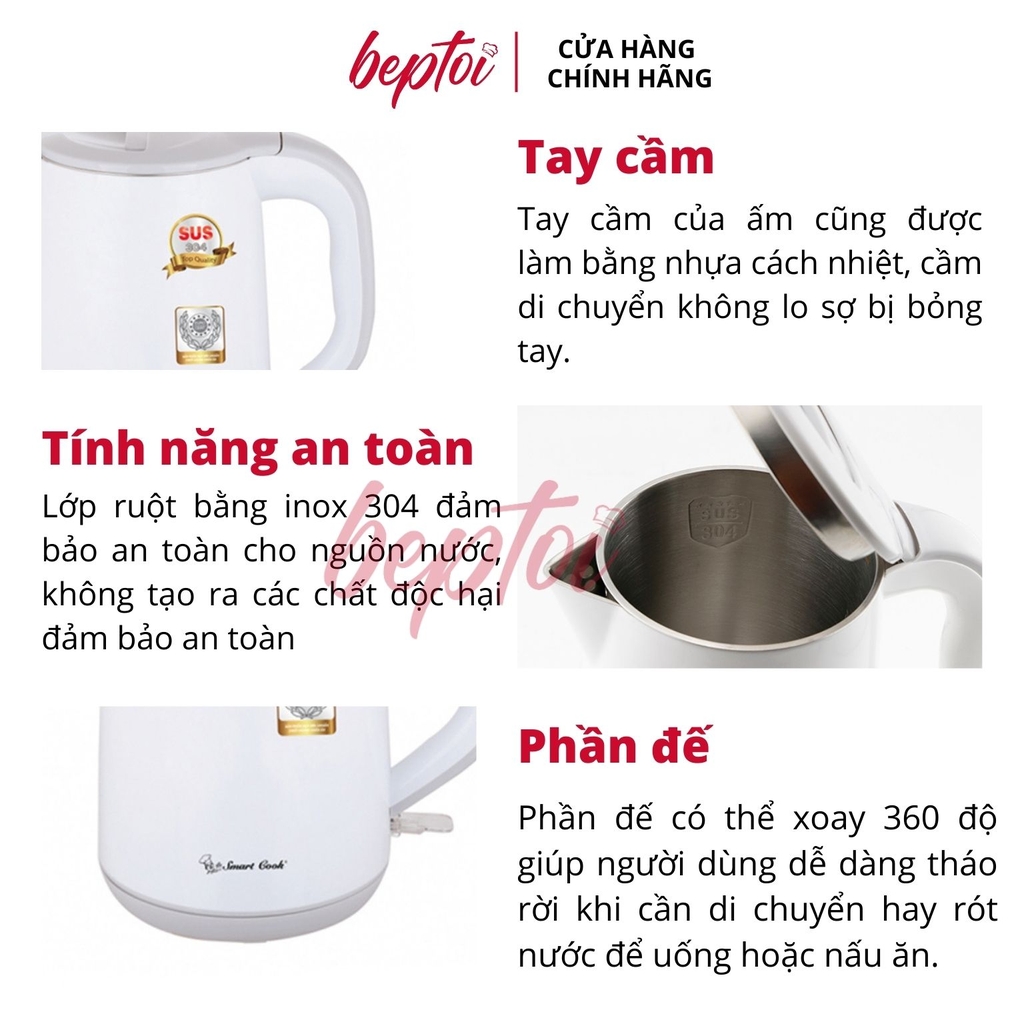 Bình đun siêu tốc, ấm siêu tốc đun nước siêu nhanh Inox 304 2 lớp chống phỏng Smart Cook KES-0219