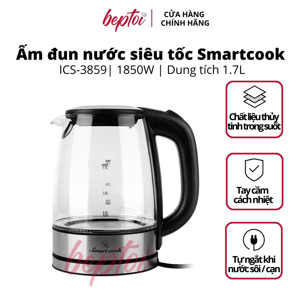 Ấm siêu tốc Smartcook 1.7Lít, bình siêu tốc Inox 304 công suất 1850W ICS-3859