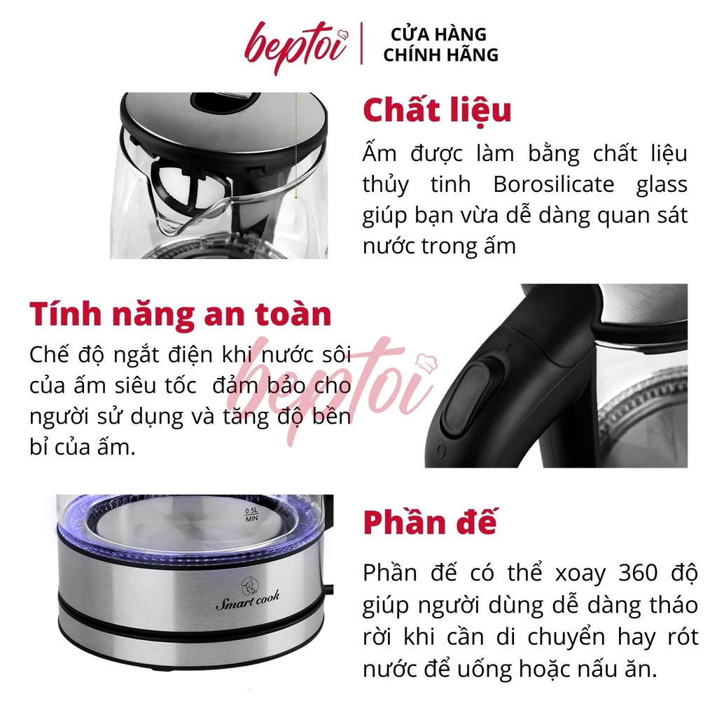 Ấm siêu tốc Smartcook 1.7Lít, bình siêu tốc Inox 304 công suất 1850W ICS-3859