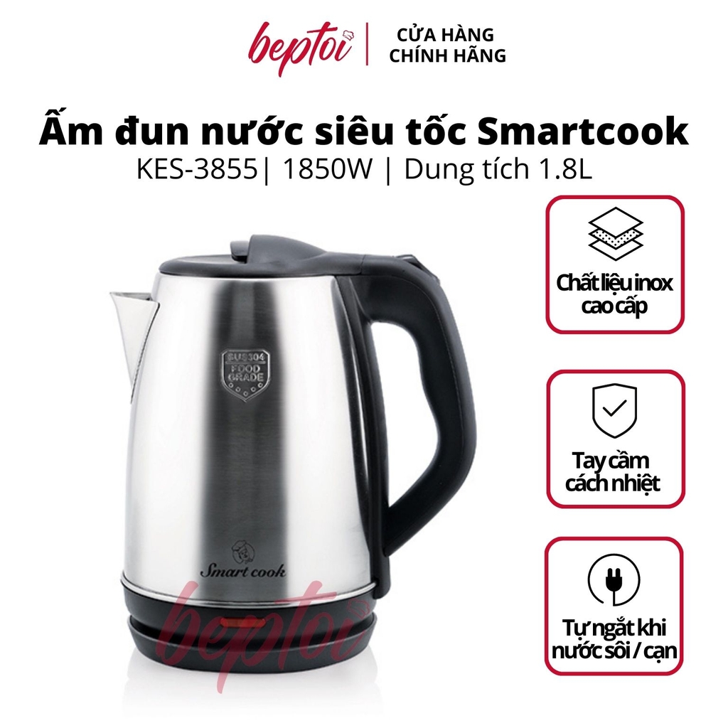 Ấm siêu tốc Smartcook 1.8Lít, bình siêu tốc Inox 304 công suất 1850W KES-3855