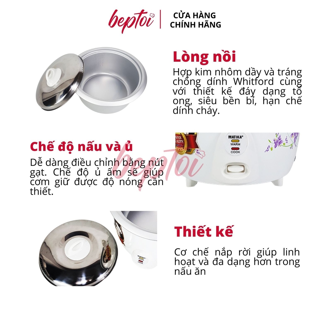 Nồi Cơm Điện Mini / Nồi Cơm Điện Nắp Rời MATIKA MTK-DR12 / MTK-DR18 / MTK-DR28 / Dung Tích 1.2 - 2.8L