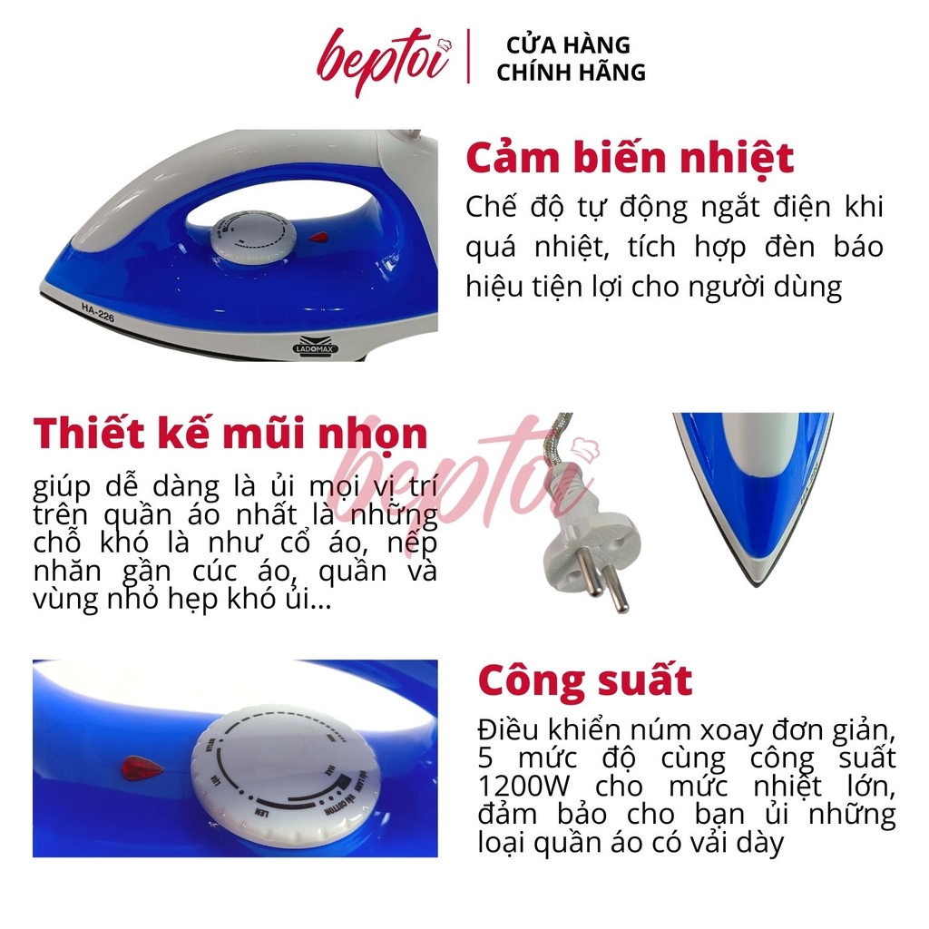 Bàn ủi điện Ladomax công suất 1200W, bàn là khô đế nhôm chống dính HA-226