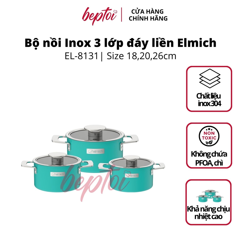 Bộ nồi bếp từ Inox liền khối Elmich Hera EL- 8131 size 18, 20, 26cm