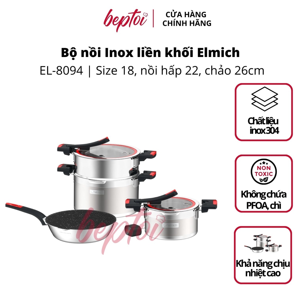 Nồi bếp từ, bộ Inox liền khối Elmich Milano size 18, nồi hấp 22, chảo 26cm ELMICH EL-8094