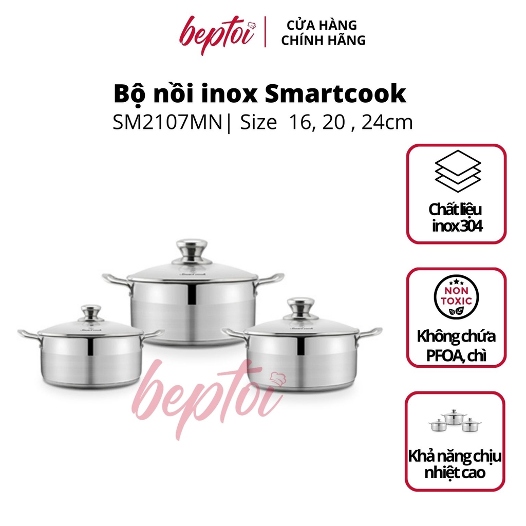 Bộ nồi bếp từ inox Smartcook SM2107MN size nồi 16, 20 , 24cm