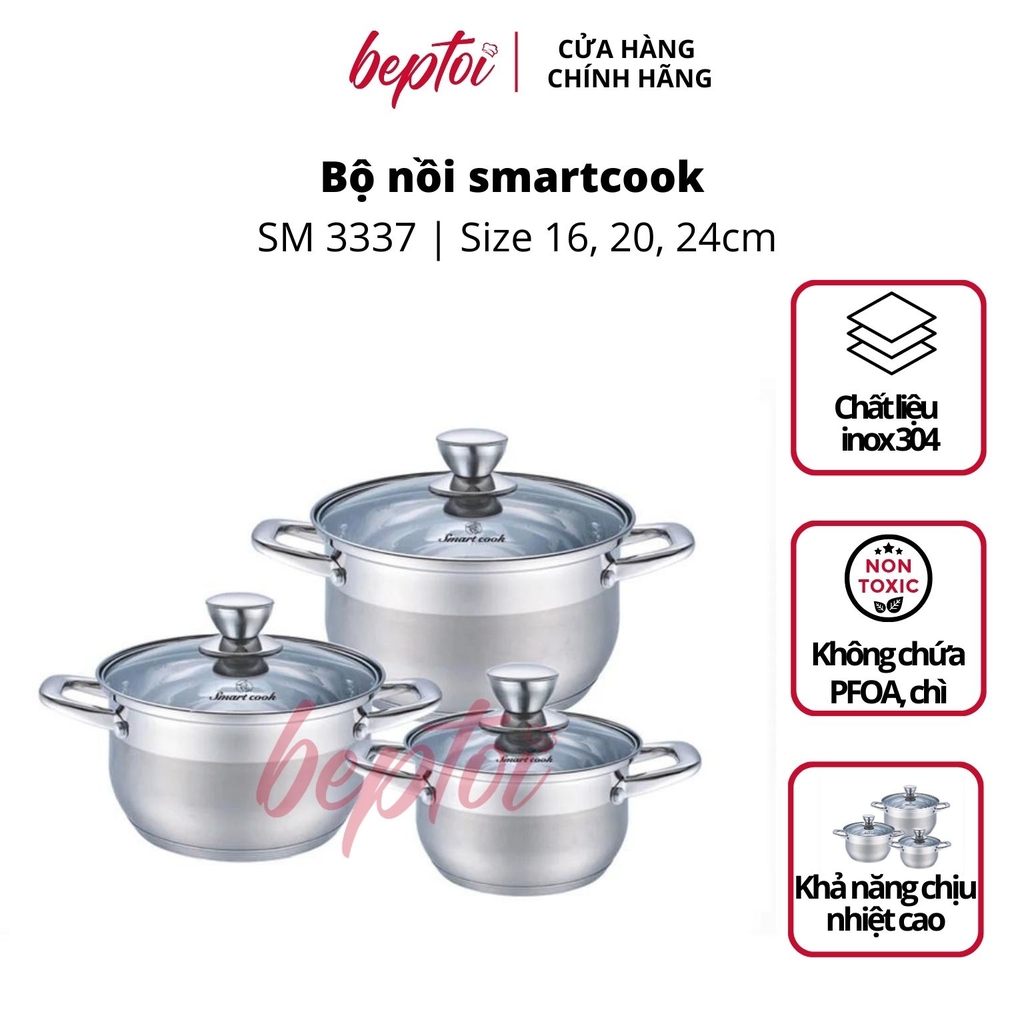 Nồi bếp từ inox Smartcook 3 chiếc cỡ 16cm, 20cm, 24cm EL3337