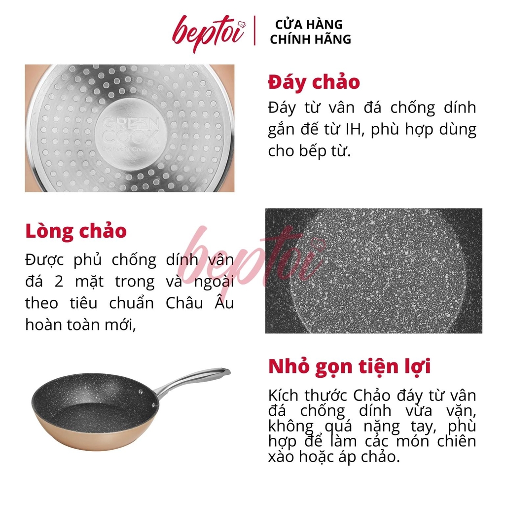 Chảo chống dính đáy từ, chảo sâu vân đá hoa cương Green Cook GCP08-IH công nghệ Hàn Quốc