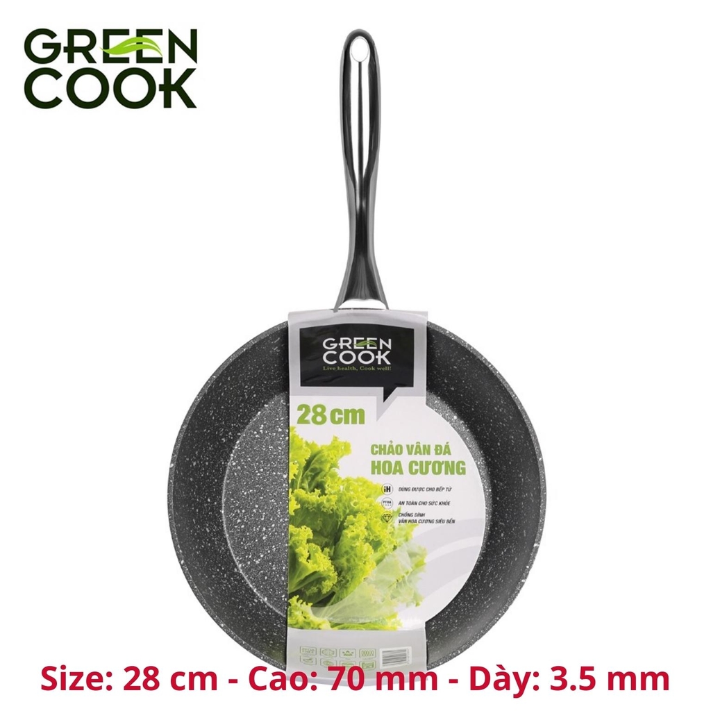 Chảo chống dính đáy từ, chảo sâu vân đá hoa cương Green Cook GCP08-IH công nghệ Hàn Quốc