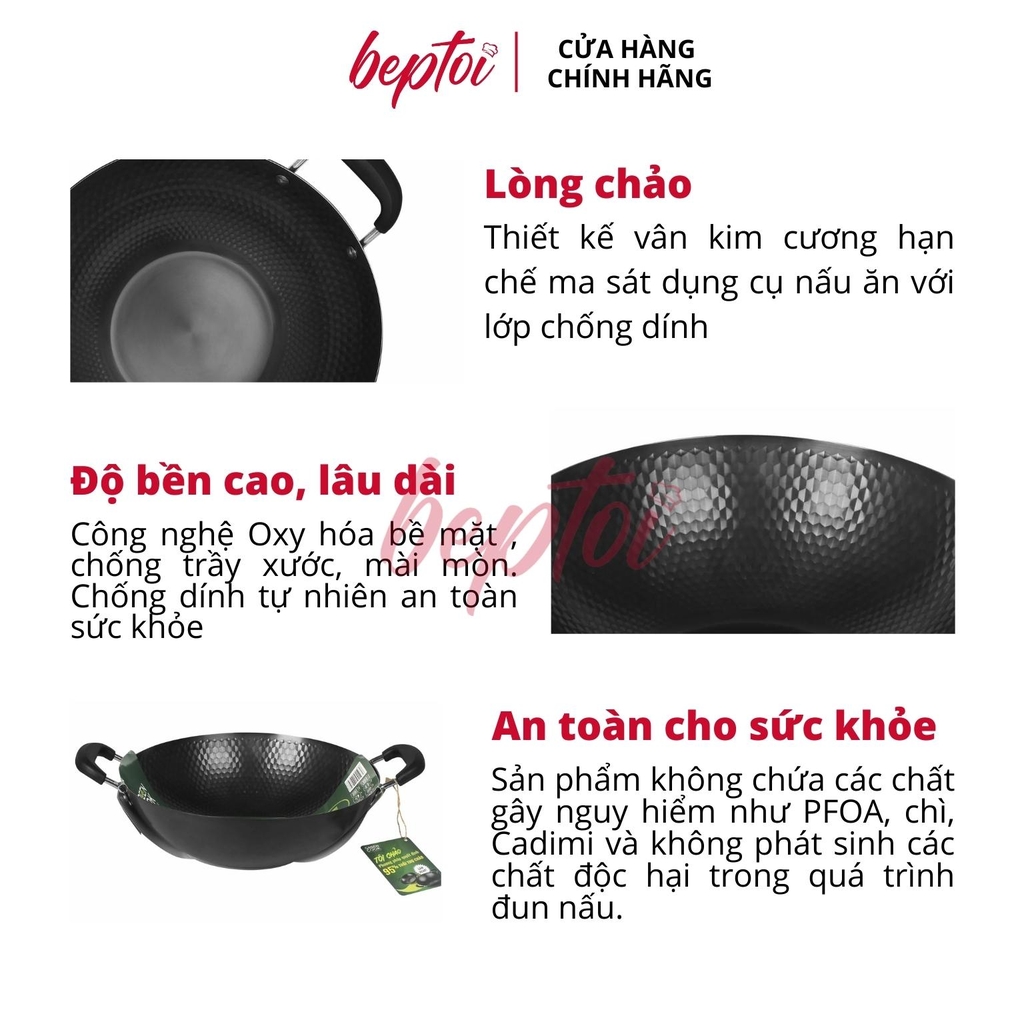 Chảo chống dính chảo sâu lòng vân kim cương Green Cook GCW02 chống dính tự nhiên dùng được trên tất cả các loại bếp